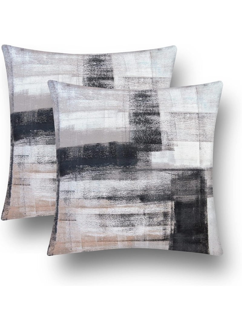 CLENEA 2 Pcs Black & White Velvet Abstract Pillow Covers, Modern Gray Throw Pillowcases, Soft Elegant Decorative Couch Cushions for Bed, Living Room, Outdoor Sofa, 18x18 Inch - Image 3